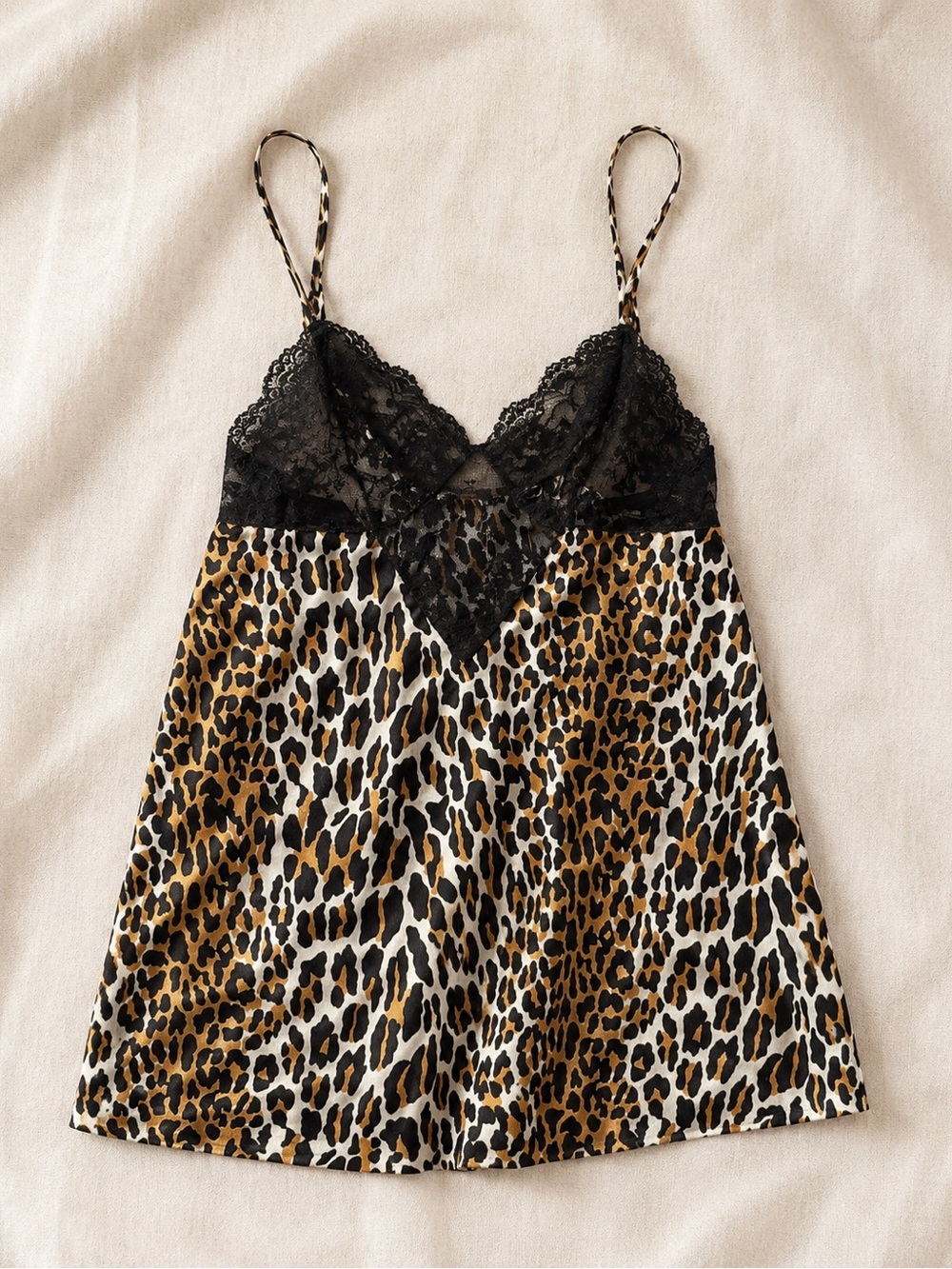 Vintage Leopard Lace-Trim Slip Dress in Black and Tan